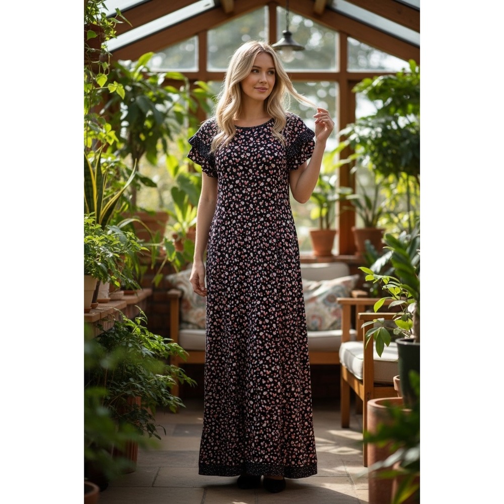 Perceptions‎ New York Navy Floral Ruffle Sleeve Maxi Dress Women's Size L